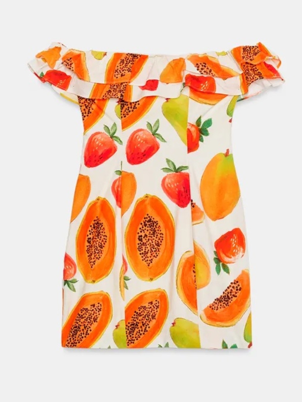 Zara White Off-Shoulder Mini Dress with Orange Fruit Print. POP